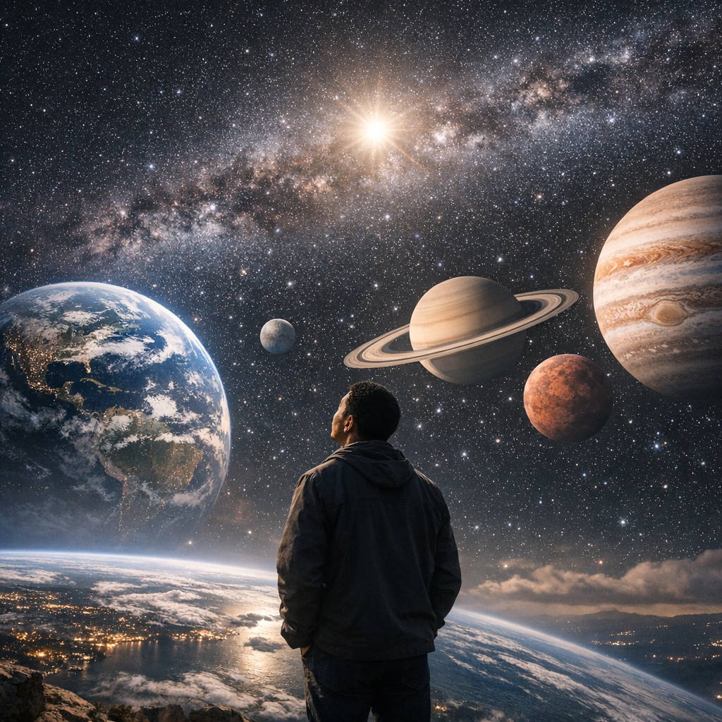 Uma pessoa observa a Terra e outros planetas em um cenário cósmico sereno, representando a visão humana e universal descrita na seção.