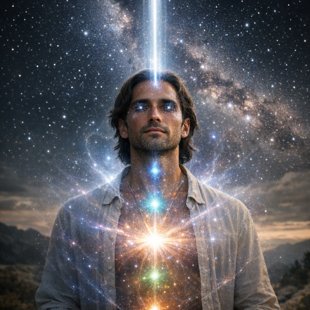 Um humano com aura cósmica visível, olhos estrelados e conexão luminosa com o céu, representando um missionário de Shan despertado.