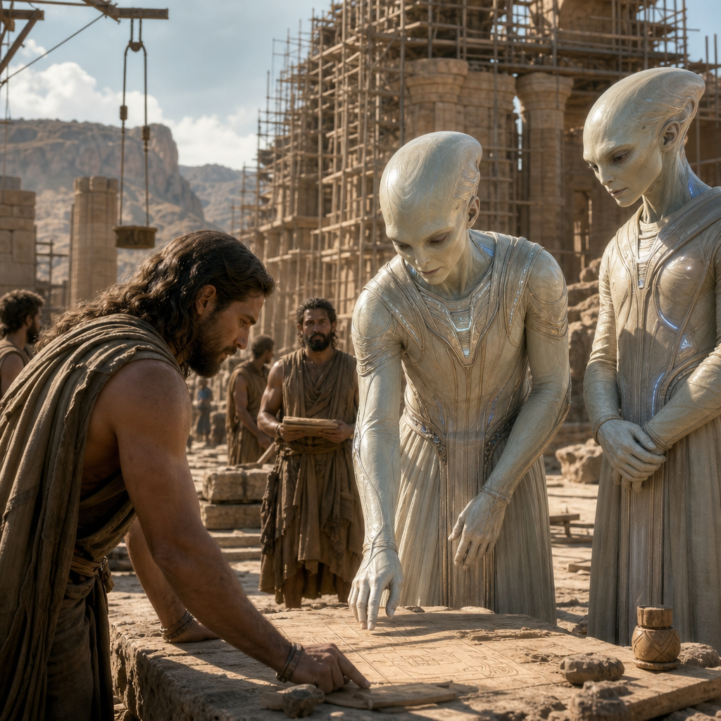 Seres extraterrestres benevolentes interagindo pacificamente com humanos antigos em um cenário de construção ancestral.