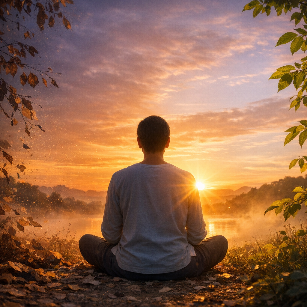 Uma pessoa em meditação ao nascer do sol, simbolizando a morte e o nascimento constantes a cada momento.