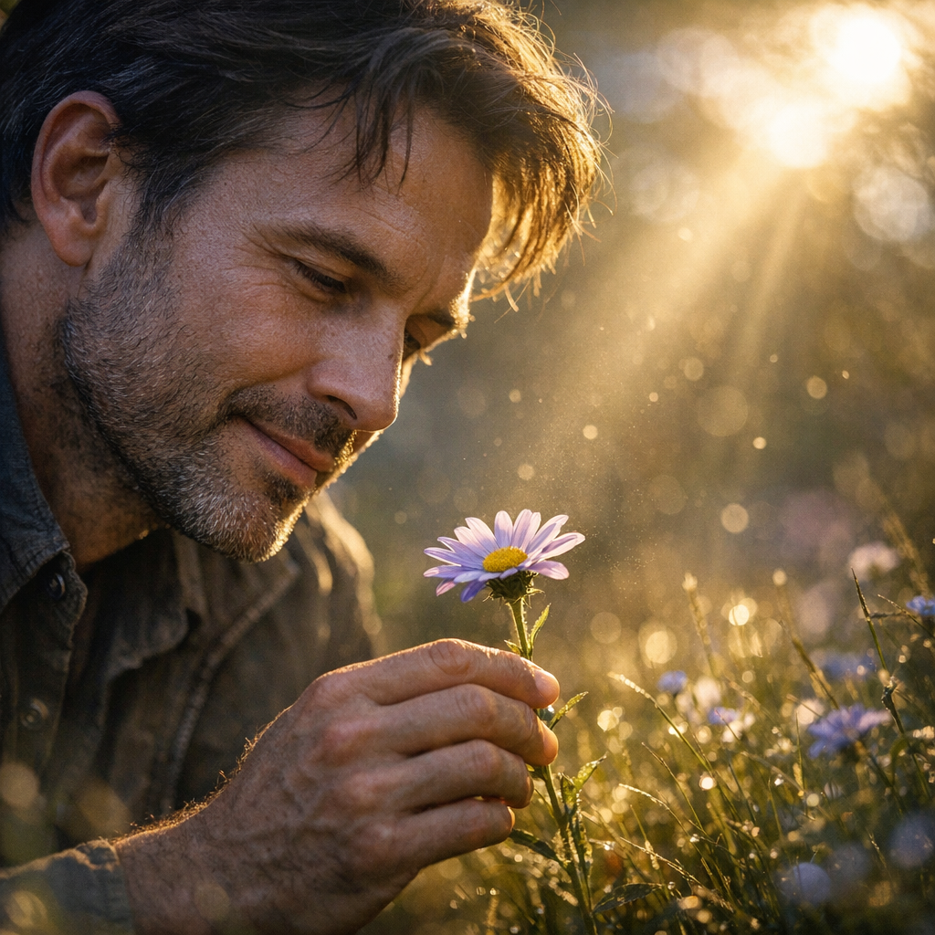 Uma pessoa contemplando uma flor na natureza, mostrando a profundidade espiritual presente nesta própria vida.