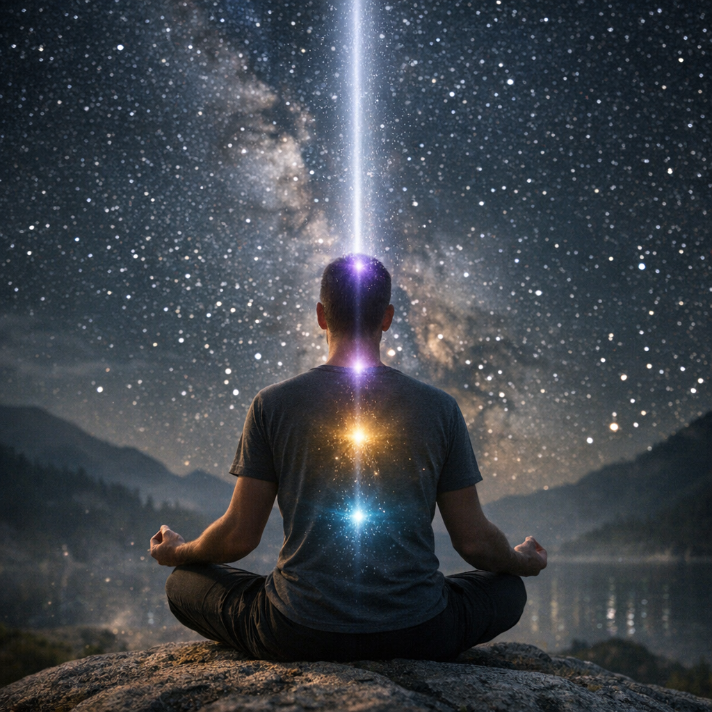 Uma pessoa meditando em solitude com uma conexão luminosa visível ao céu estrelado e chakras brilhando suavemente.