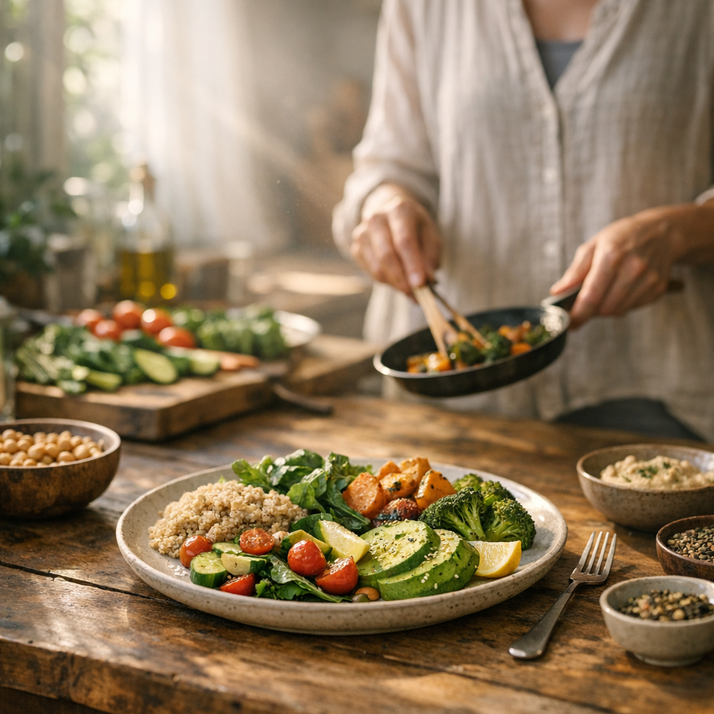 Uma refeição orgânica e vegetariana preparada conscientemente em uma cozinha iluminada e natural.