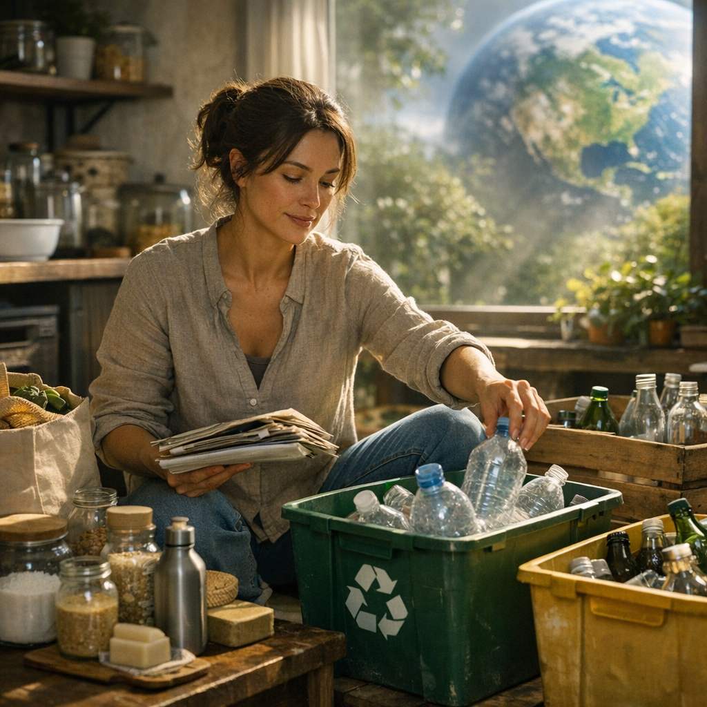 Uma pessoa separando recicláveis e usando materiais reutilizáveis para preservar o planeta.