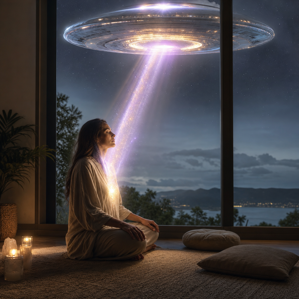 Uma pessoa em meditação recebe uma mensagem de luz ligada a uma nave extraterrestre benevolente, em um ambiente sereno e luminoso.