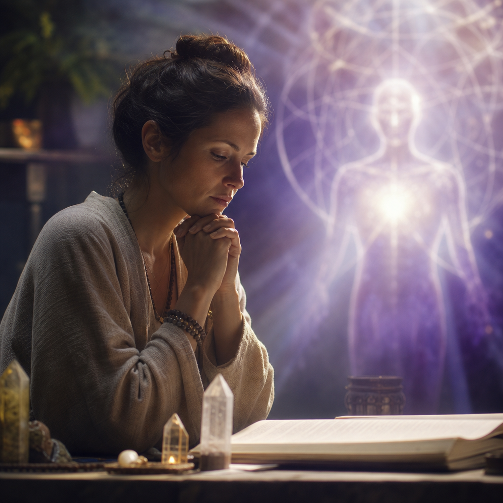 Uma pessoa em reflexão tranquila diante de uma mensagem canalizada, com luz etérea ao fundo simbolizando discernimento e ressonância interior.