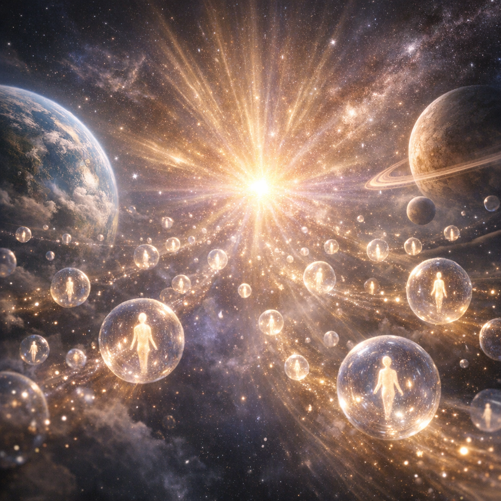 Centelhas de consciência brilhando e viajando em um grande projeto cósmico de ascensão entre planetas.