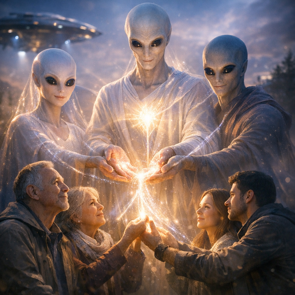Seres extraterrestres benevolentes auxiliando seres humanos com luz e presença acolhedora.