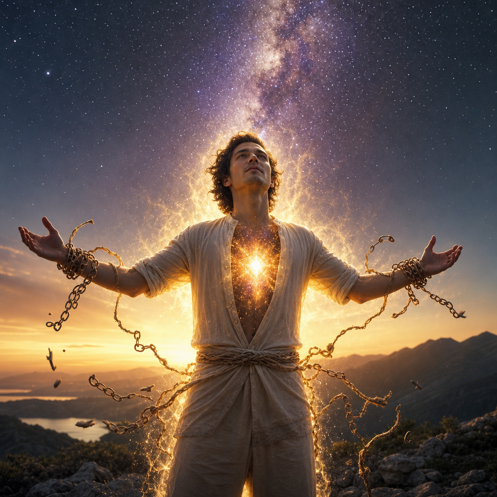 Uma pessoa em pé, envolta por aura cósmica luminosa, rompendo correntes simbólicas e irradiando luz para o céu estrelado.