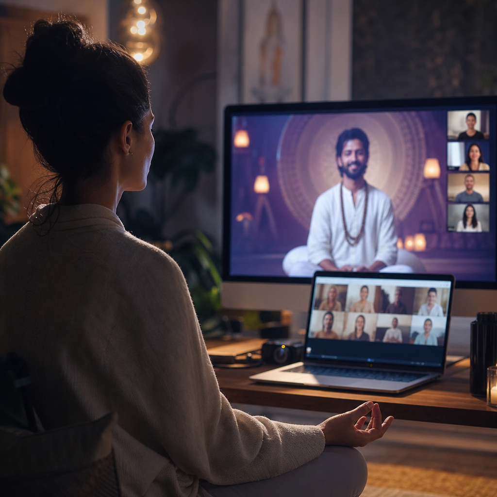 Pessoa em meditação diante de um computador, representando aulas e meditações online ao vivo.