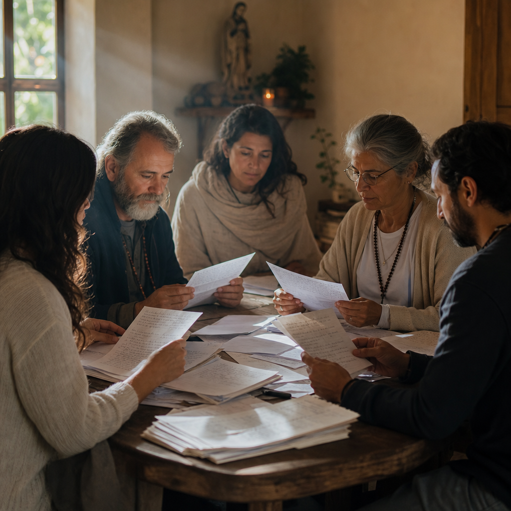 Pessoas reunidas em torno de uma mesa organizando anotações para um projeto gratuito de cura fraterna coletiva.
