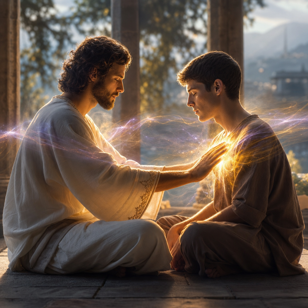 Um curador e um paciente em um momento sereno de cura, com energia luminosa fluindo entre eles, simbolizando amor fraterno.