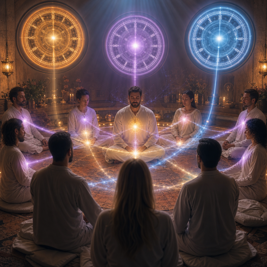 Grupo de pessoas em prática de sintonia e meditação para tratamento, conectadas por uma energia luminosa serena em um ambiente acolhedor.