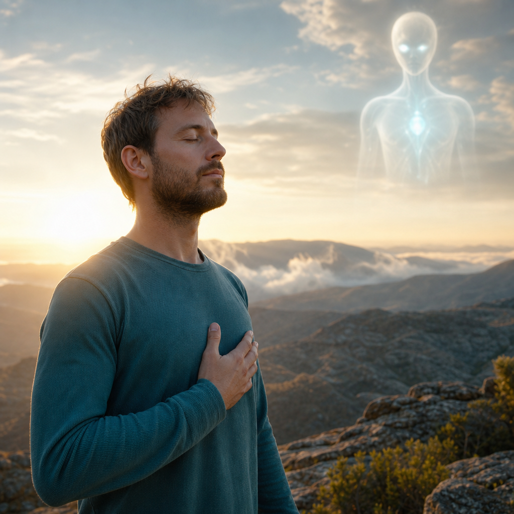 Uma pessoa em silêncio medita ao ar livre, respirando e sentindo com calma antes de agir, em um ambiente natural sereno com presença extraterrestre benevolente ao fundo.