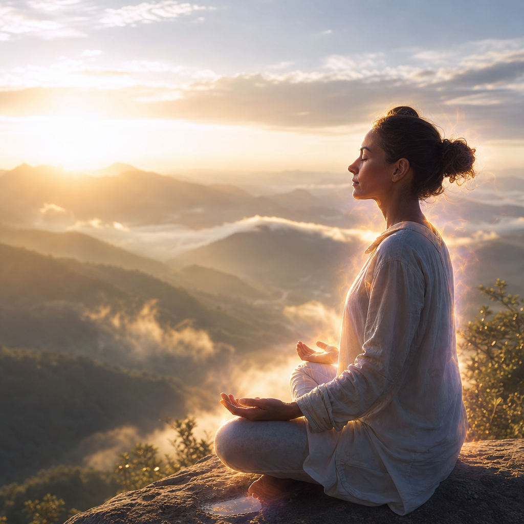 Pessoa em postura calma observando a própria respiração em um ambiente natural sereno, com luz suave e aura luminosa simbolizando equilíbrio e consciência elevada.