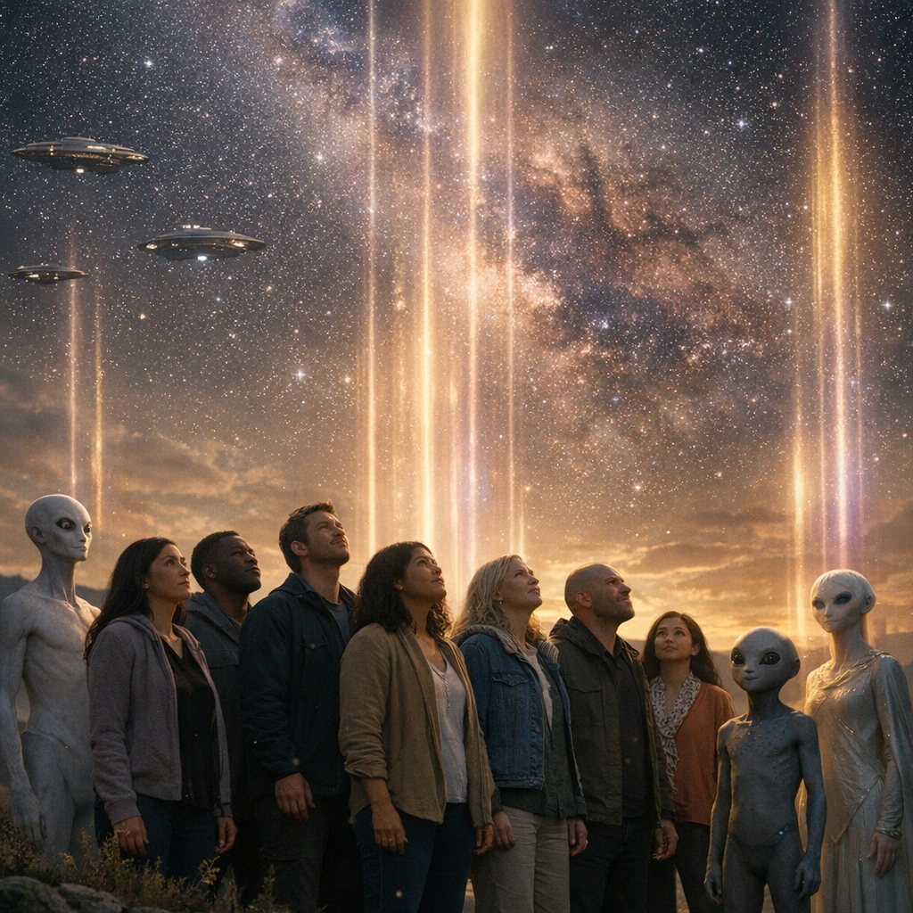 Pessoas e seres extraterrestres benevolentes sob um céu cósmico iluminado, representando o despertar consciencial cósmico.
