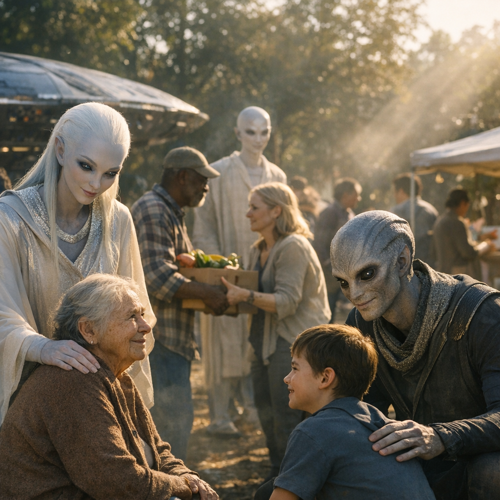 Seres extraterrestres benevolentes vivendo entre humanos e ajudando a comunidade, representando voluntários de outras raças.