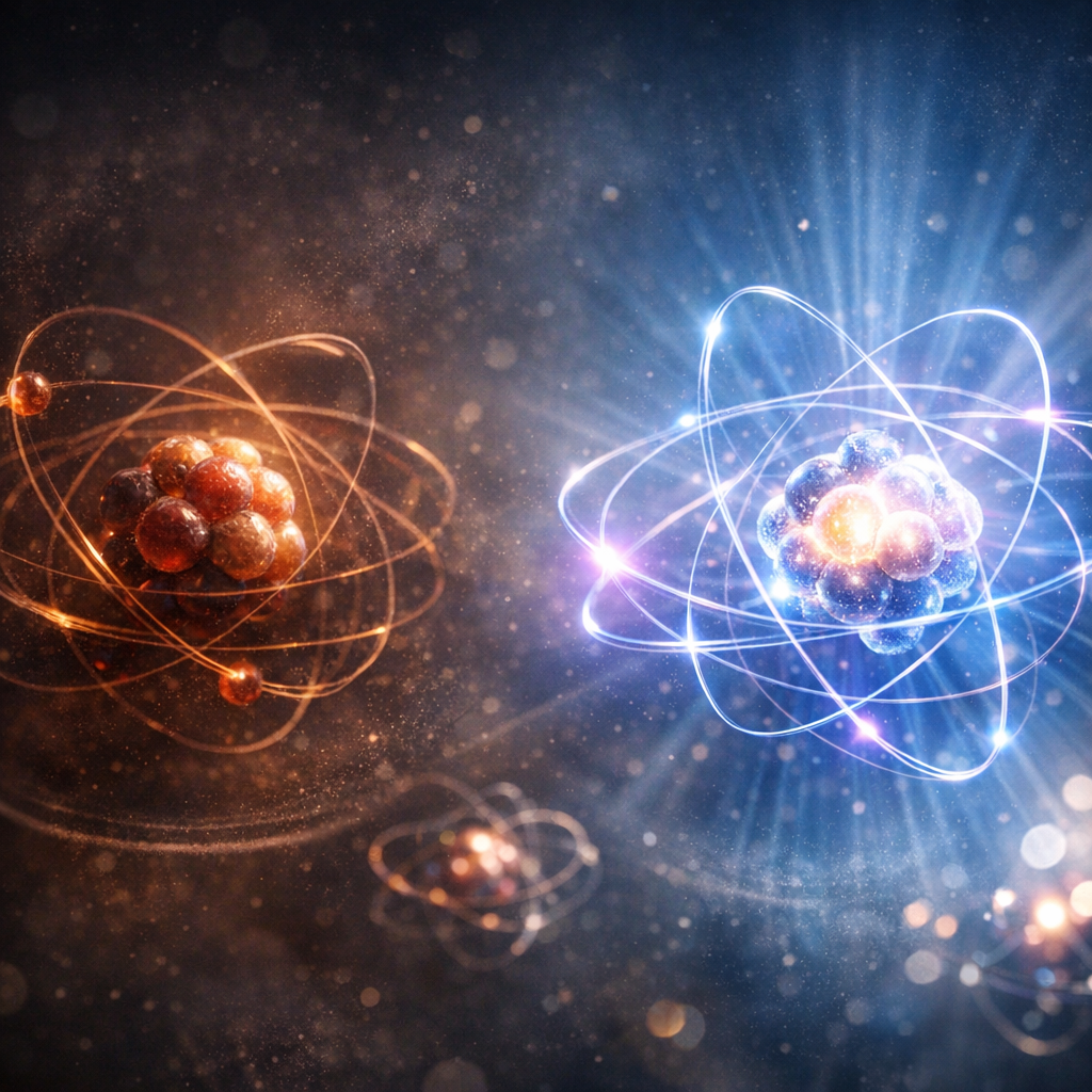 Átomos com elétrons em órbita, mostrando visualmente uma mudança de densidade vibracional.