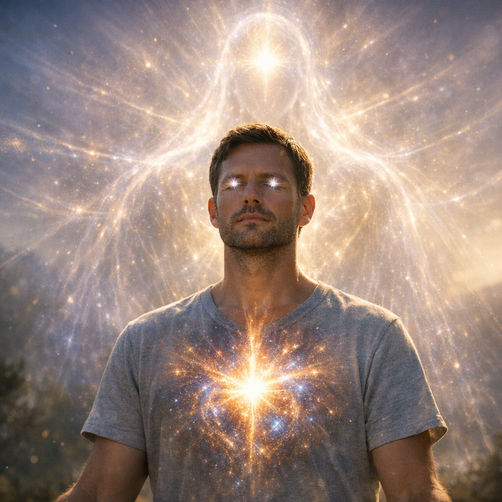 Uma pessoa em meditação com uma luz estelar interior e uma presença luminosa maior ao redor, simbolizando alma e mônada.