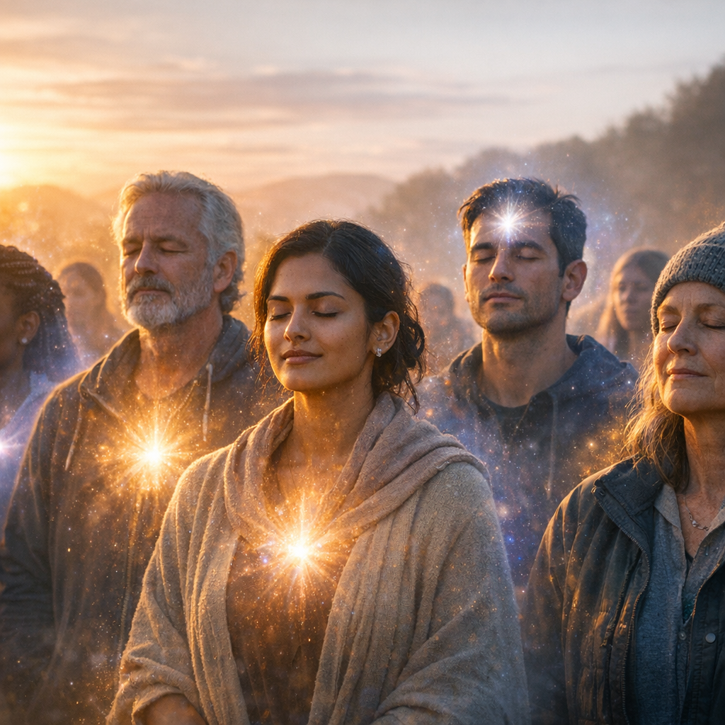 Um grupo diverso de pessoas em um amanhecer sereno, cada uma envolta por uma aura cósmica luminosa, representando o despertar coletivo.