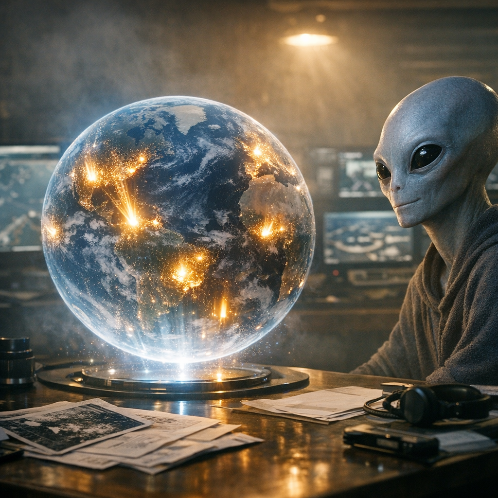 Uma cena com o planeta Terra e áreas sendo iluminadas, simbolizando revelações mundiais em curso, com um ser extraterrestre pacífico ao lado.