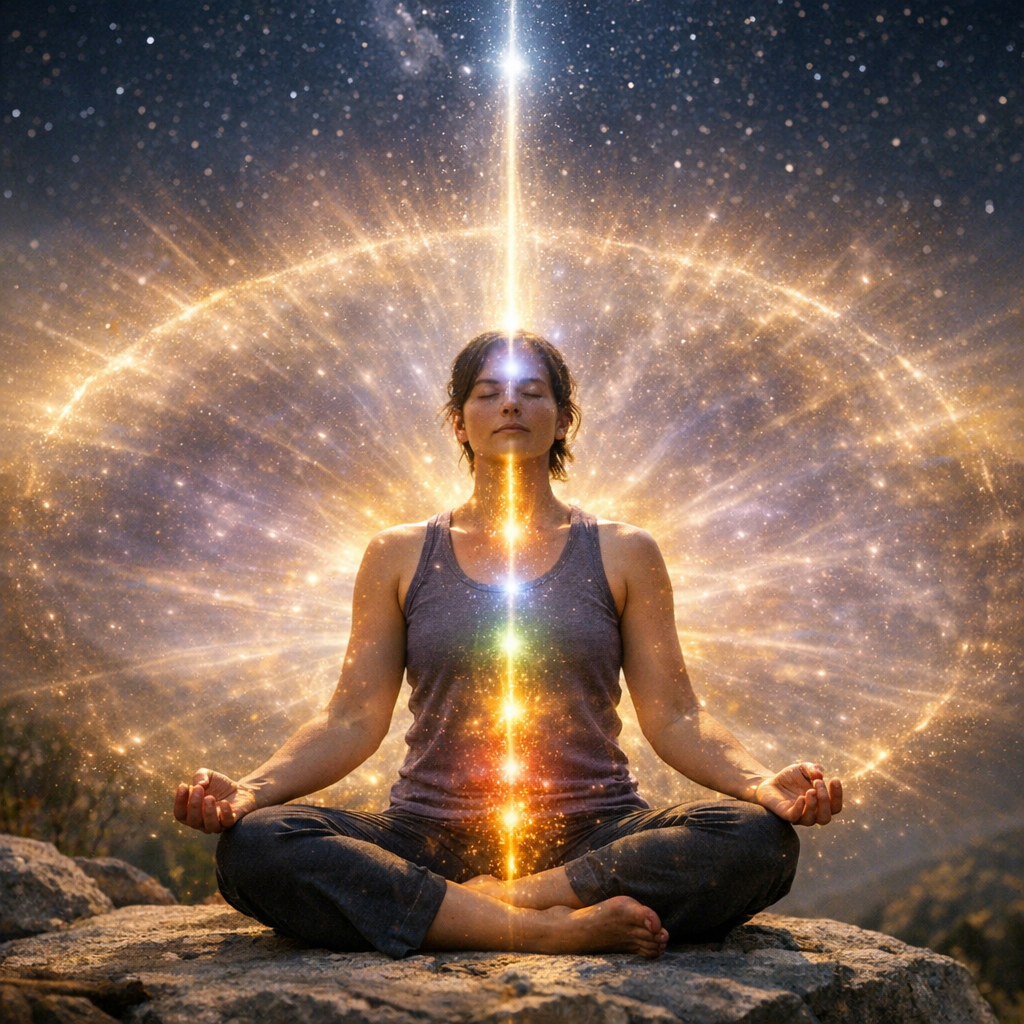 Uma pessoa meditando com luz subindo pelo corpo e um campo luminoso se expandindo ao redor, representando ascensão e transcensão.